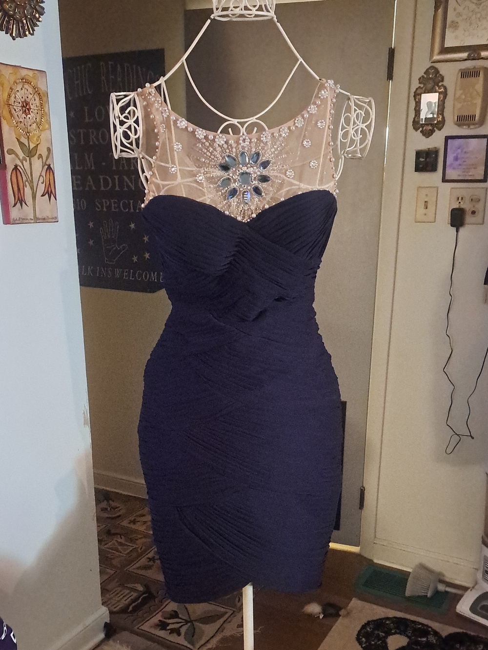 Adrianna Papell Navy Sleeveless Sheath Dress with Jeweled Illusion Yoke Sz 4